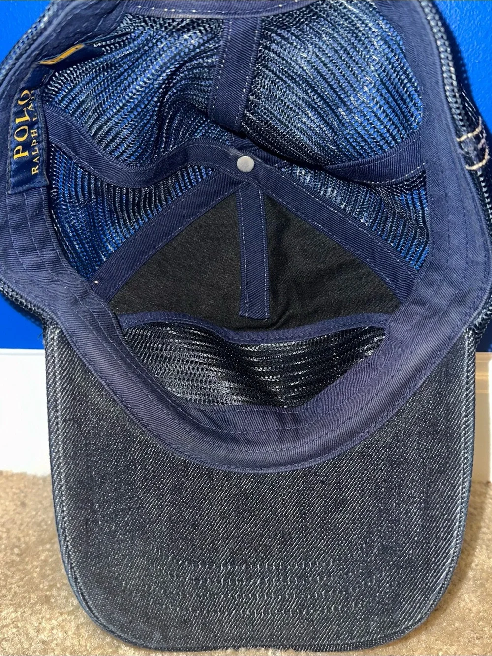 Polo Ralph Lauren Denim Mesh Trucker Cap American Flag Patch Navy Blue